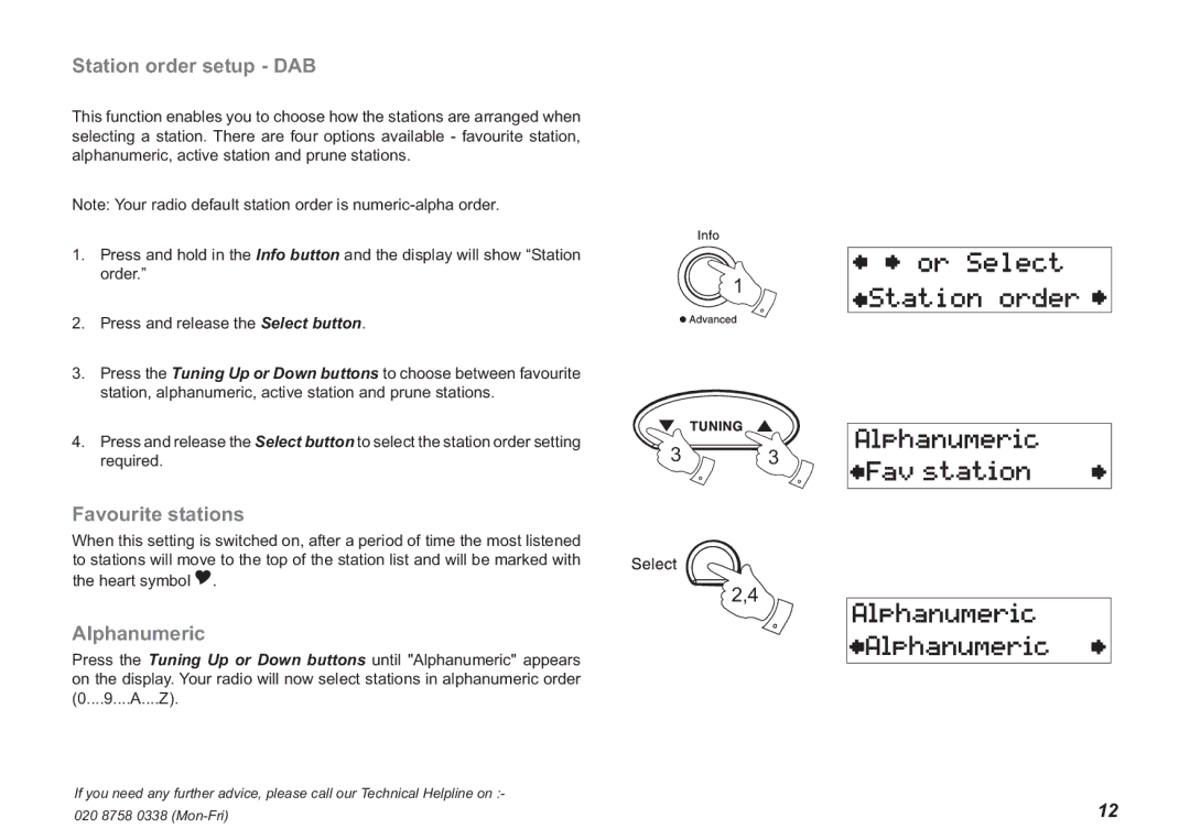 Roberts Radio Ecologic 3 manual Station order setup DAB, Favourite stations, Alphanumeric 