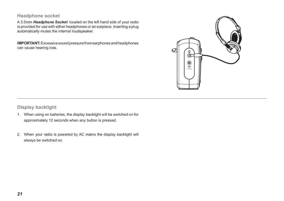 Roberts Radio Ecologic 3 manual Headphone socket, Display backlight 