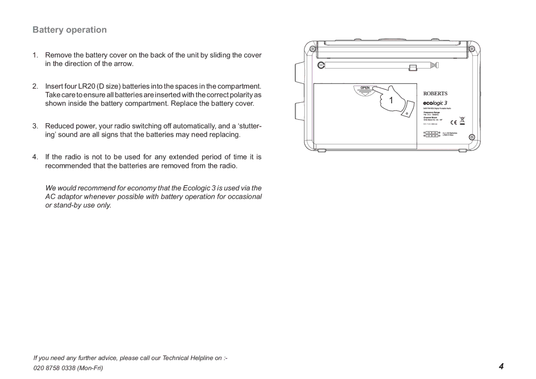 Roberts Radio Ecologic 3 manual Battery operation 