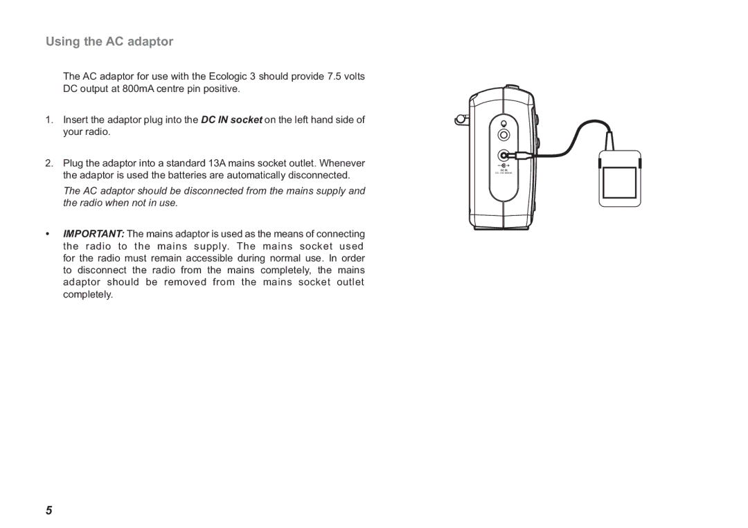 Roberts Radio Ecologic 3 manual Using the AC adaptor 