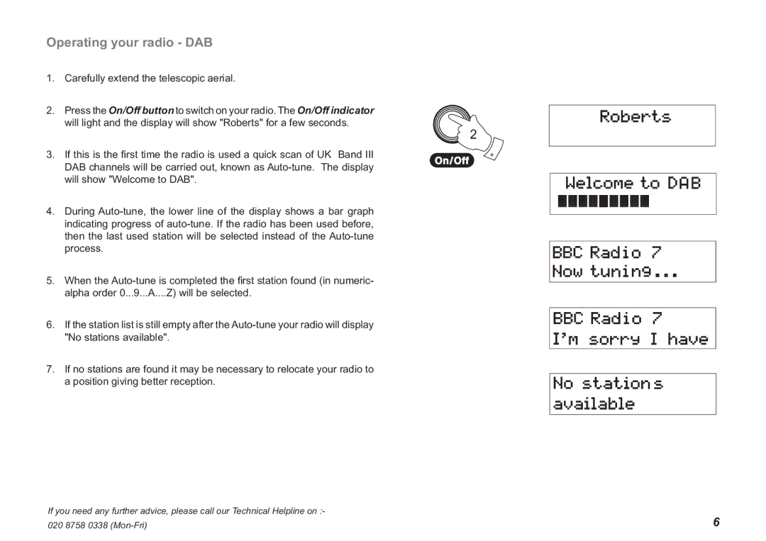 Roberts Radio Ecologic 3 manual Operating your radio DAB, Carefully extend the telescopic aerial 