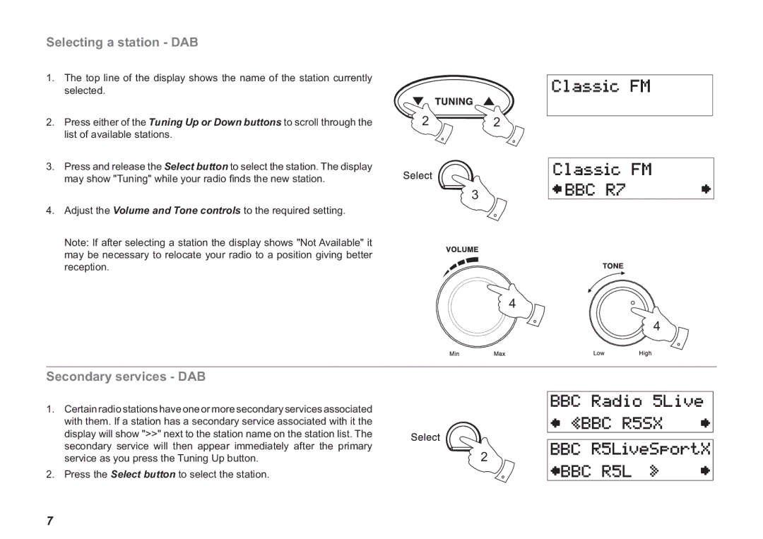 Roberts Radio Ecologic 3 manual Selecting a station DAB, Secondary services DAB 