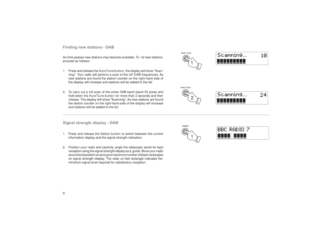 Roberts Radio ecologic 4 manual Finding new stations DAB, Signal strength display DAB 