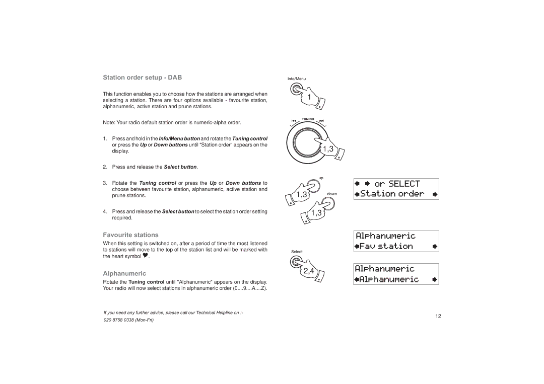 Roberts Radio ecologic 4 manual Station order setup DAB, Favourite stations, Alphanumeric 