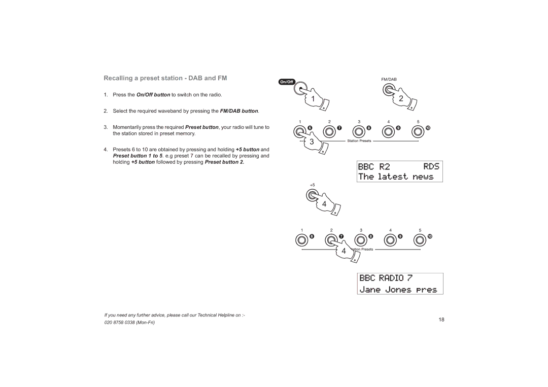 Roberts Radio ecologic 4 manual Recalling a preset station DAB and FM 