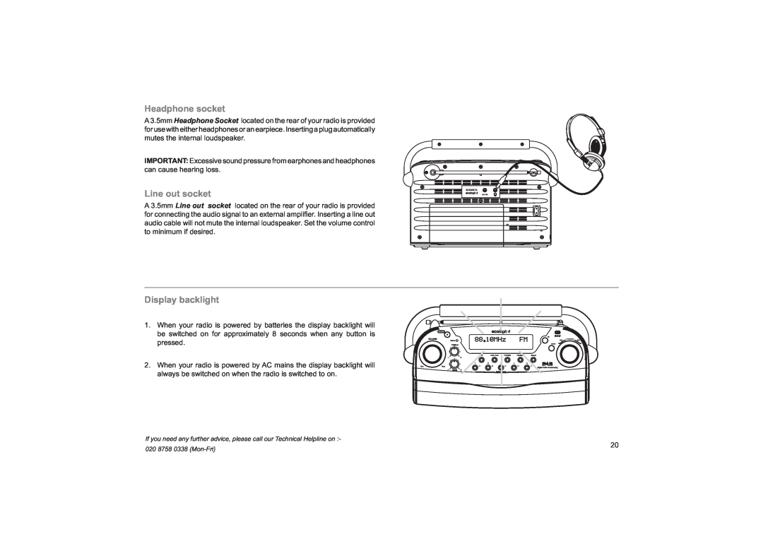 Roberts Radio ecologic 4 manual Headphone socket, Line out socket, Display backlight 