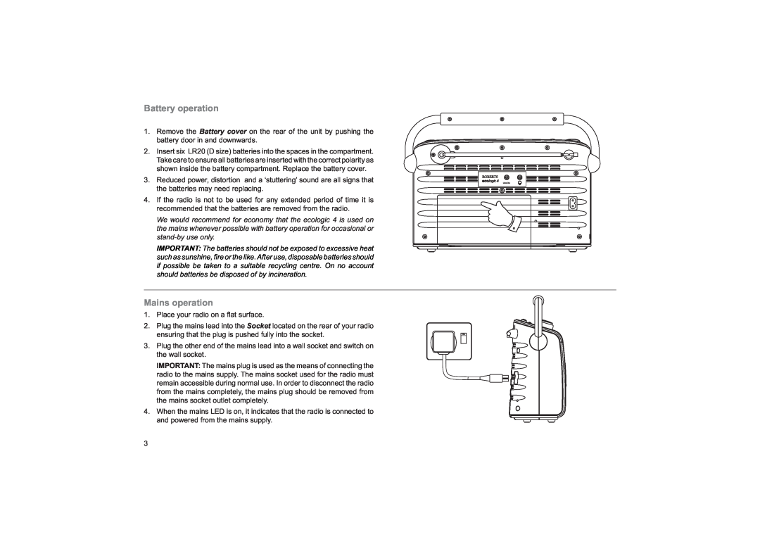 Roberts Radio ecologic 4 manual Battery operation, Mains operation 