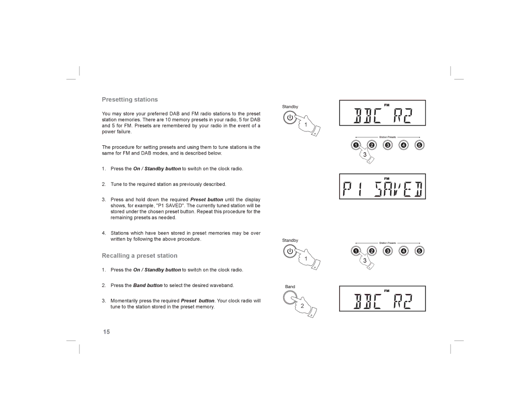 Roberts Radio ecologic 5 manual Presetting stations, Recalling a preset station 