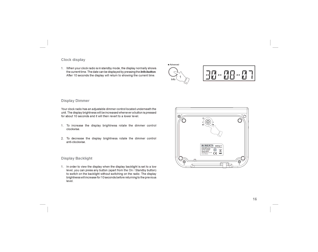 Roberts Radio ecologic 5 manual Clock display, Display Dimmer, Display Backlight 