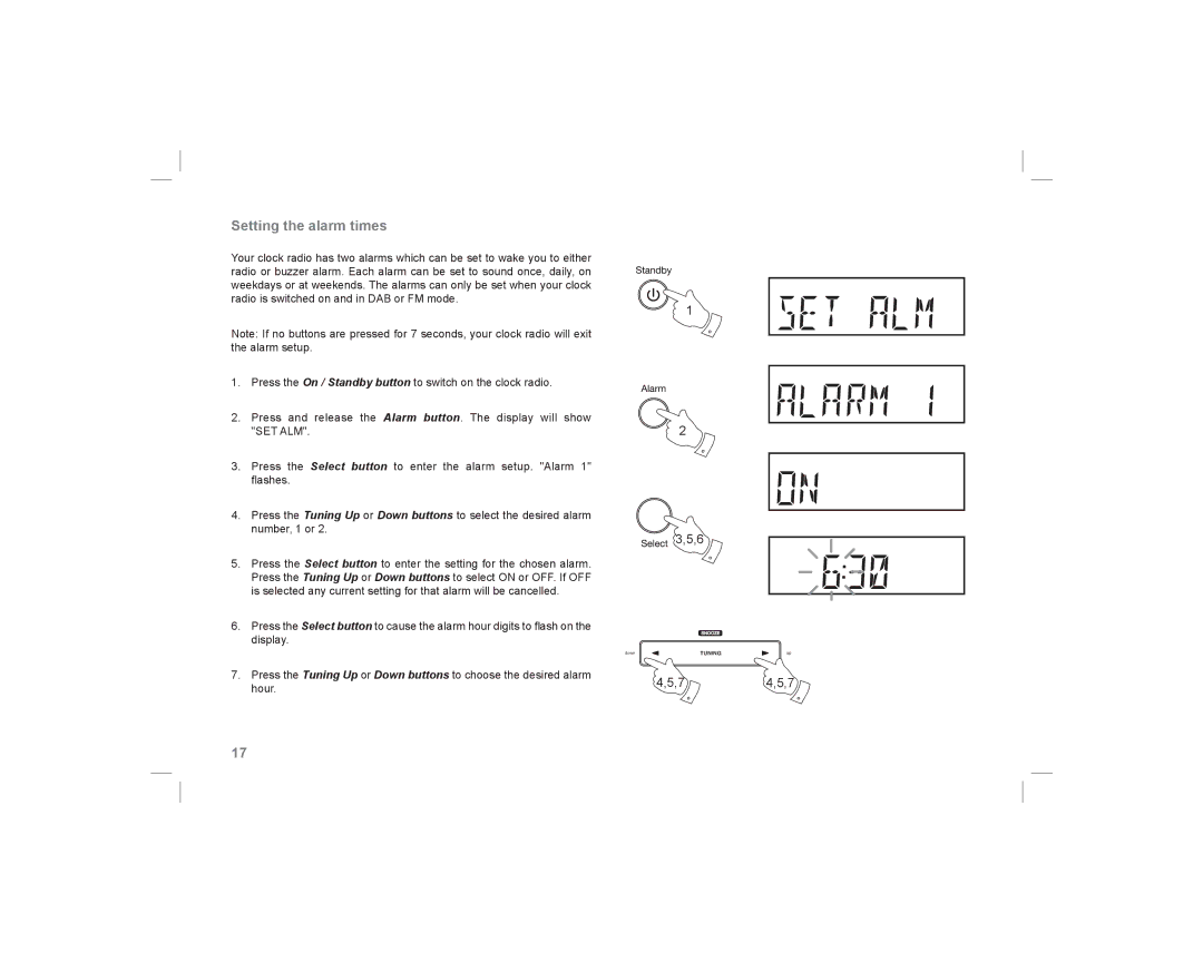 Roberts Radio ecologic 5 manual Setting the alarm times, 74,5,7 