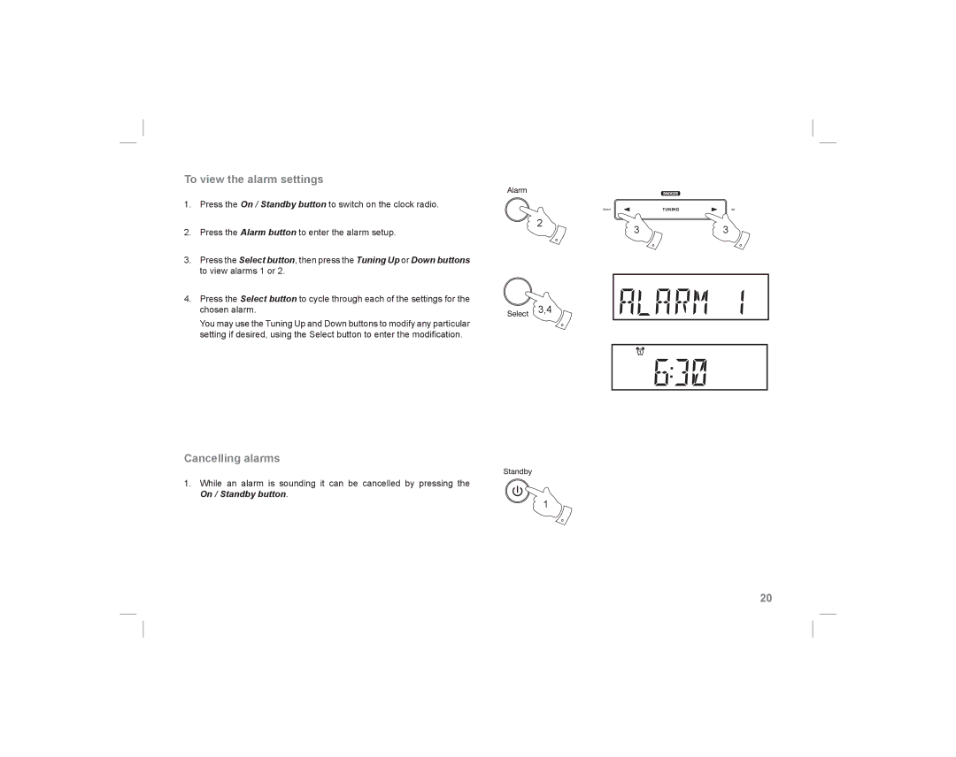 Roberts Radio ecologic 5 manual To view the alarm settings, Cancelling alarms 