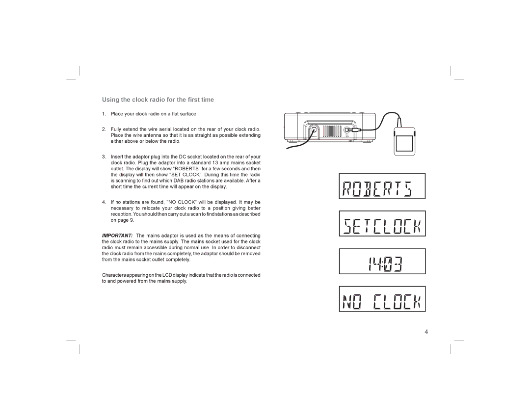 Roberts Radio ecologic 5 manual Using the clock radio for the ﬁrst time 