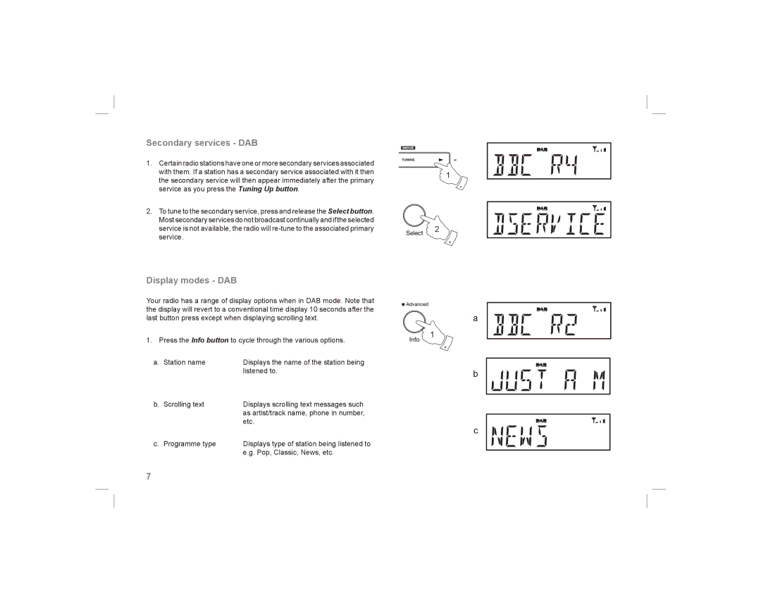 Roberts Radio ecologic 5 manual Secondary services DAB, Display modes DAB 