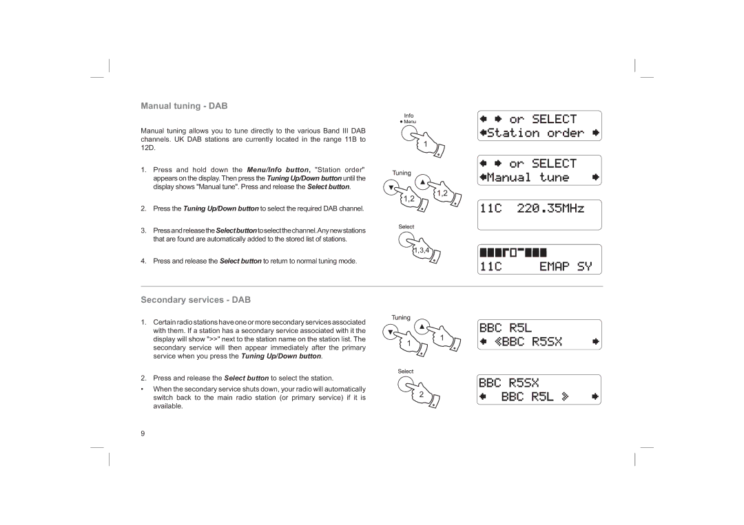 Roberts Radio ecologic 6 manual Manual tuning DAB, Secondary services DAB 