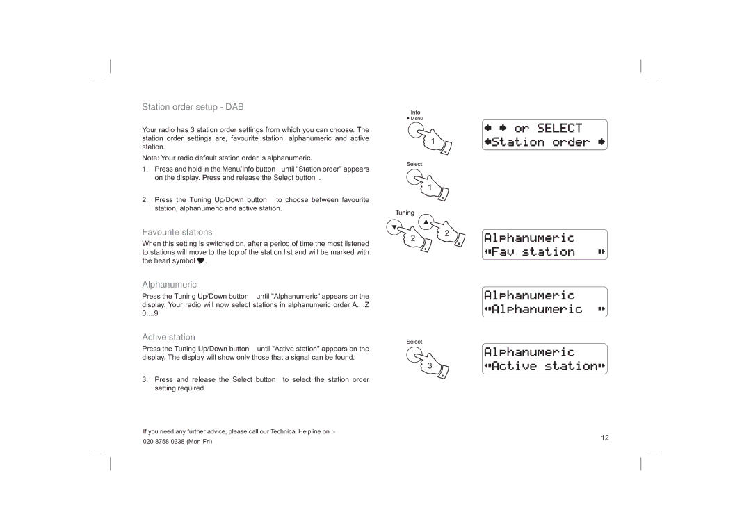 Roberts Radio ecologic 6 manual Station order setup DAB, Favourite stations, Alphanumeric, Active station 