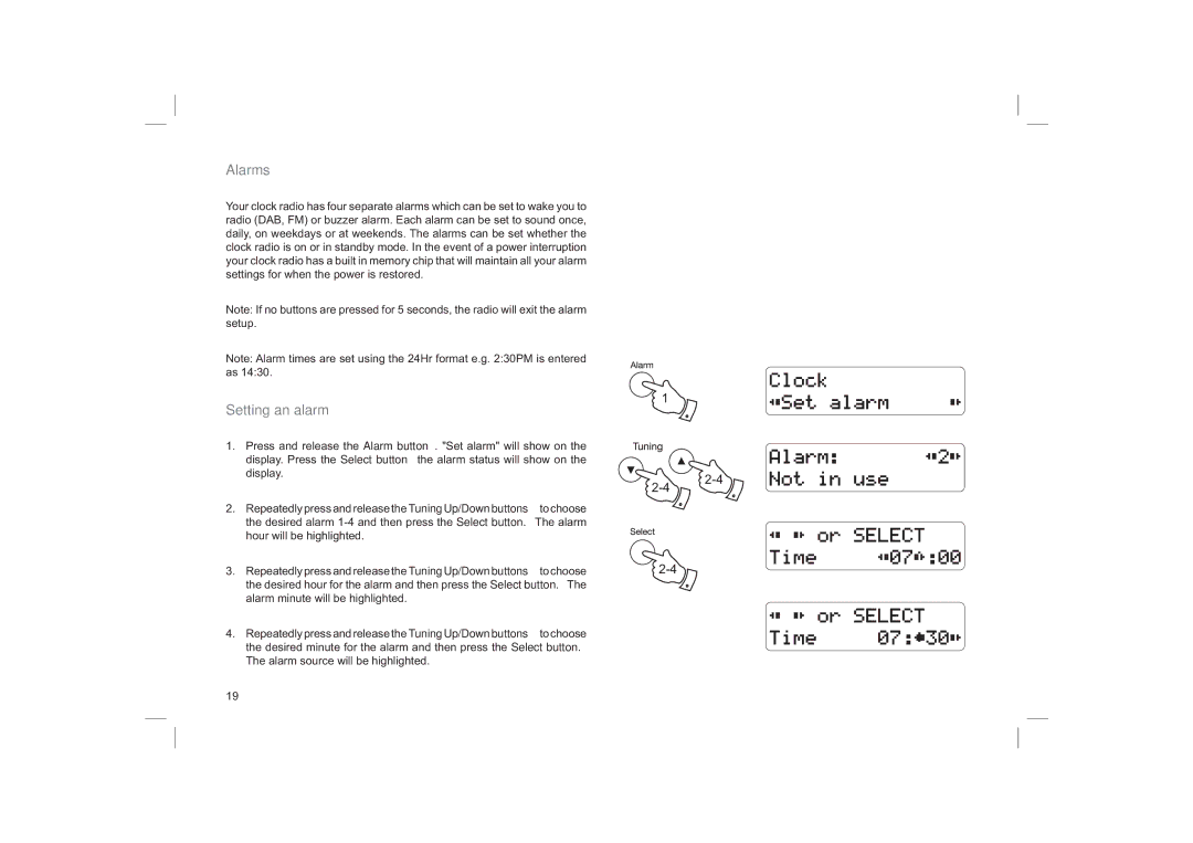 Roberts Radio ecologic 6 manual Alarms, Setting an alarm, Hour will be highlighted, Alarm minute will be highlighted 