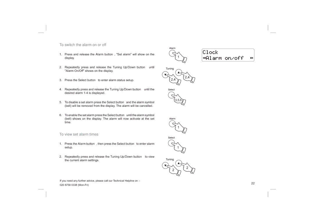 Roberts Radio ecologic 6 manual To switch the alarm on or off, To view set alarm times 