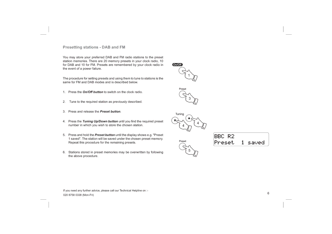 Roberts Radio ecologic 6 manual Presetting stations DAB and FM, Number in which you wish to store the chosen station 