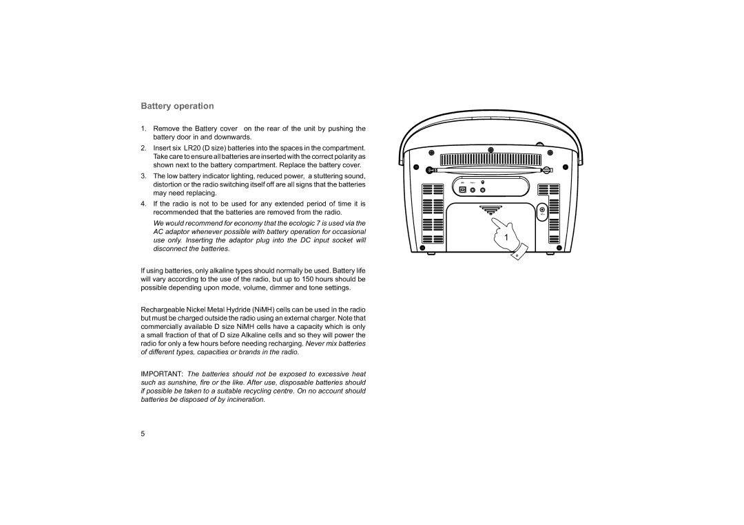 Roberts Radio ecologic 7 manual Battery operation 