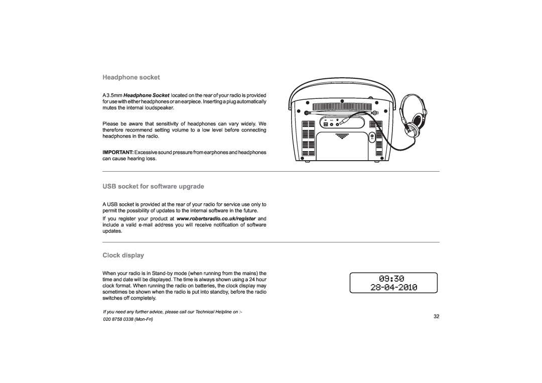 Roberts Radio ecologic 7 manual Headphone socket, USB socket for software upgrade, Clock display 