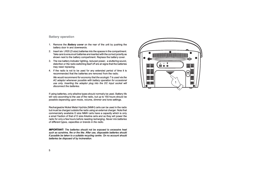 Roberts Radio ecologic 7 manual Battery operation 