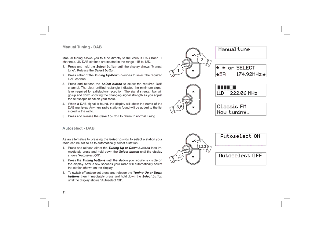 Roberts Radio ecologic1 manual Manual Tuning DAB, Autoselect DAB 