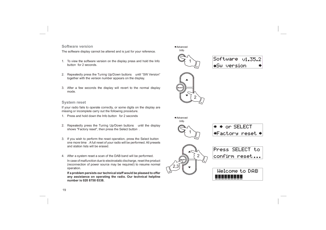 Roberts Radio ecologic1 manual Software version, System reset 