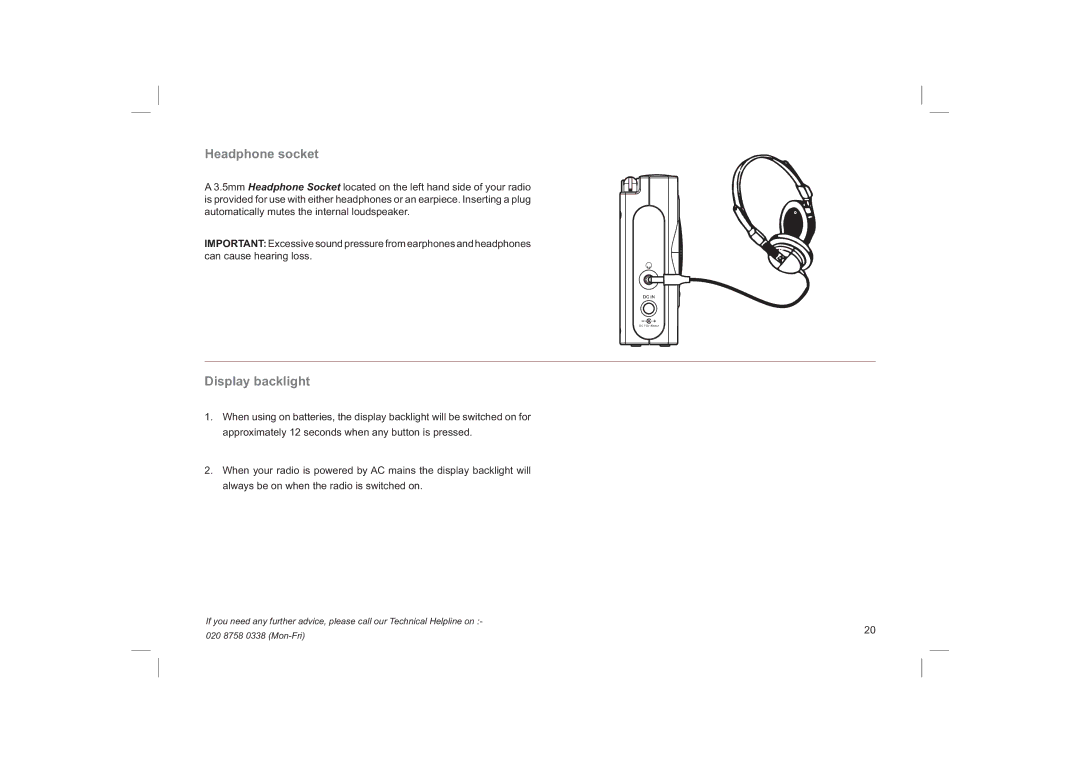 Roberts Radio ecologic1 manual Headphone socket, Display backlight 