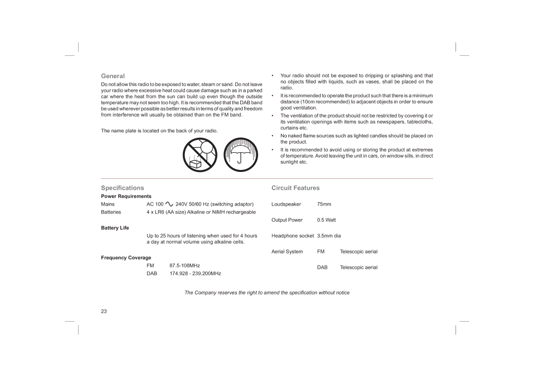 Roberts Radio ecologic1 manual General, Speciﬁcations Circuit Features 