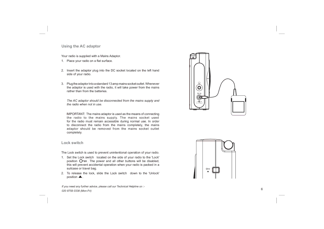 Roberts Radio ecologic1 manual Using the AC adaptor, Lock switch 