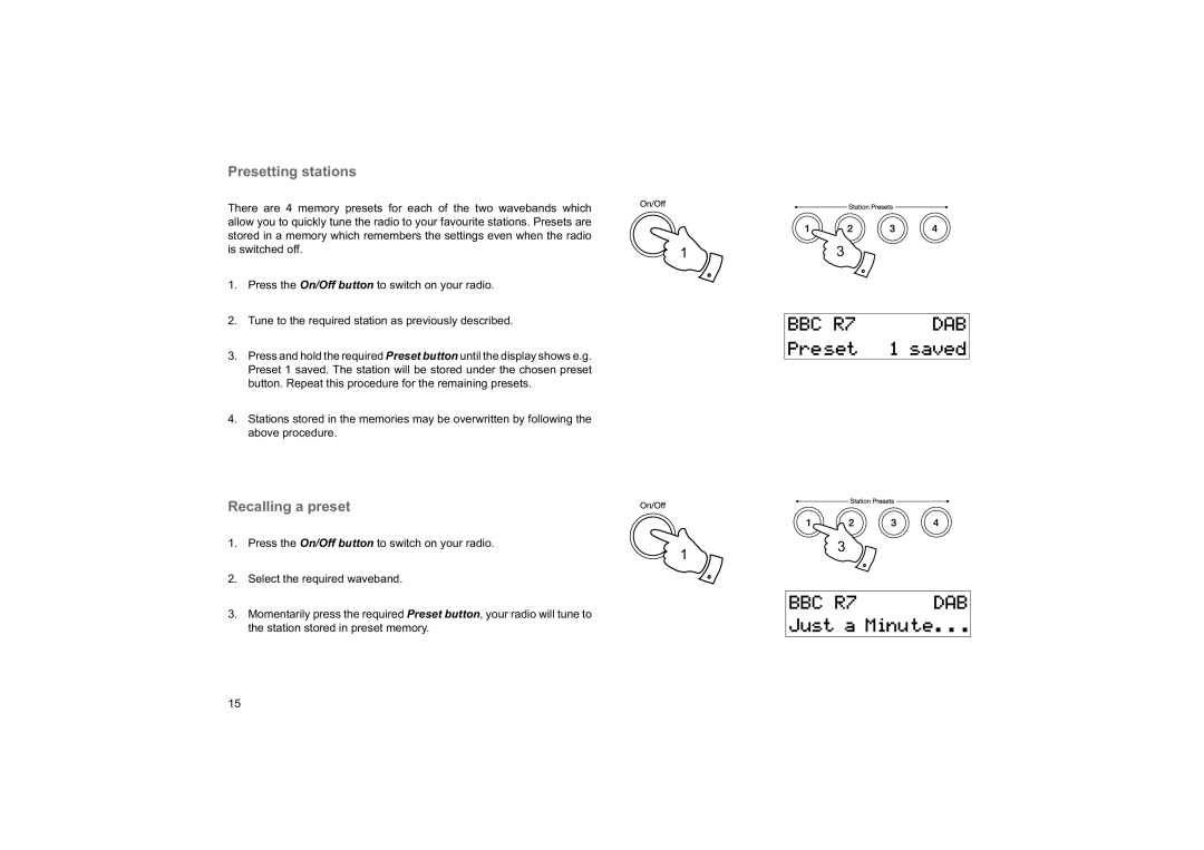 Roberts Radio Elise manual Presetting stations, Recalling a preset 