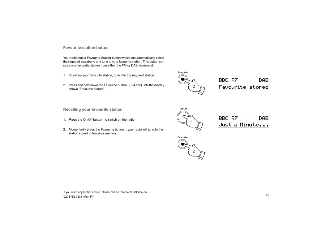Roberts Radio Elise manual Favourite station button, Recalling your favourite station 