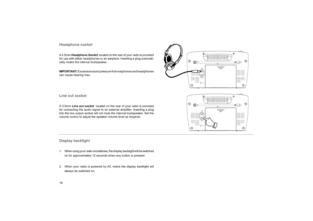 Roberts Radio Elise manual Headphone socket, Line out socket, Display backlight 