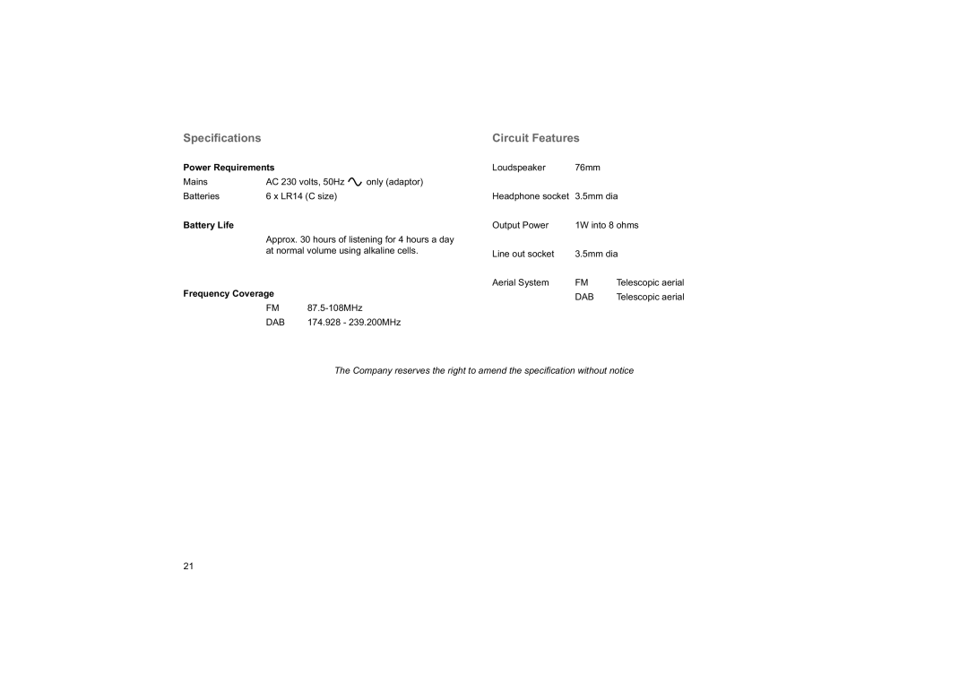 Roberts Radio Elise manual Speciﬁcations, Circuit Features 