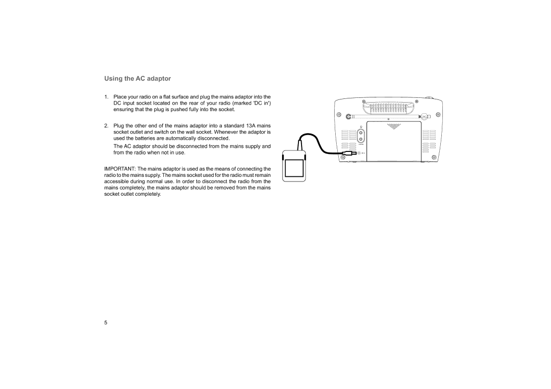 Roberts Radio Elise manual Using the AC adaptor 