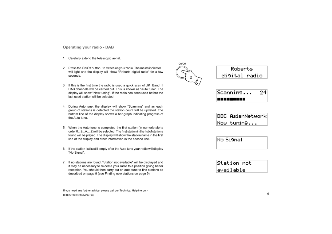 Roberts Radio Elise manual Operating your radio DAB, Carefully extend the telescopic aerial 