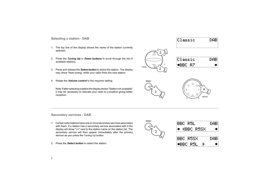 Roberts Radio Elise manual Selecting a station DAB, Secondary services DAB 