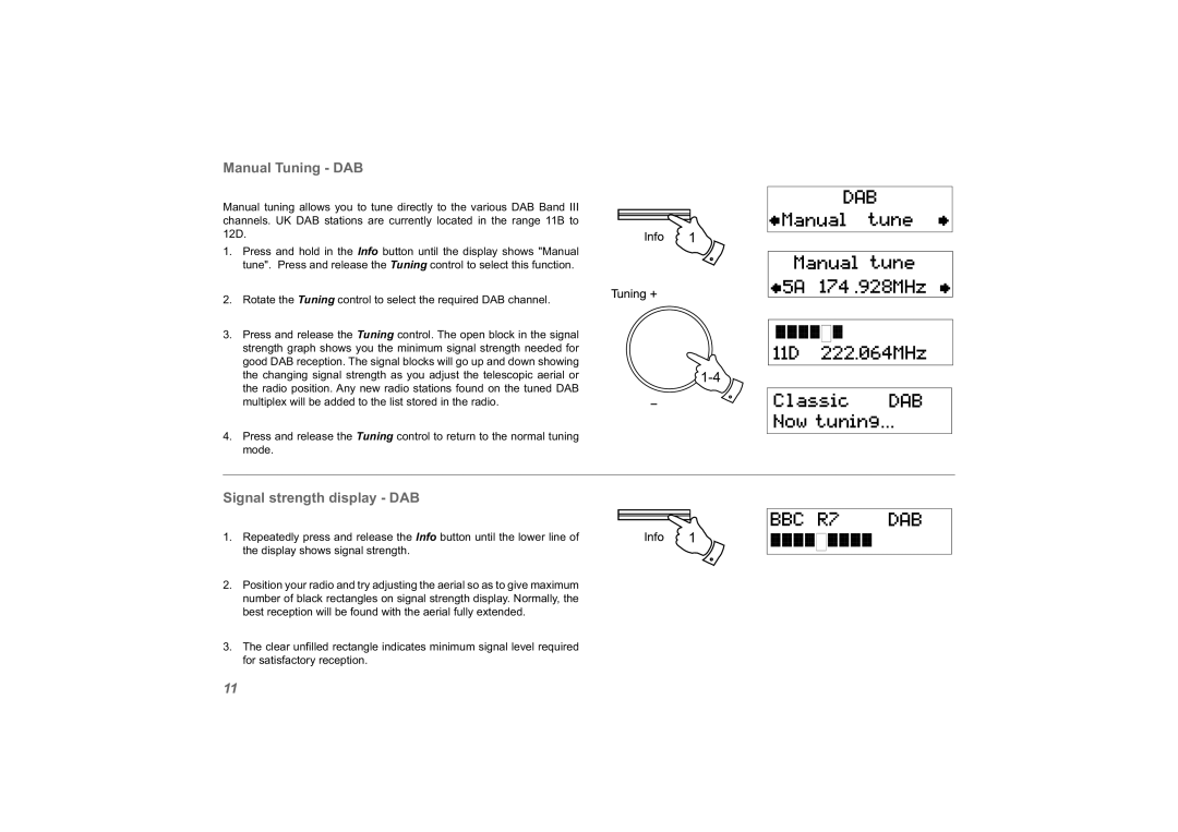 Roberts Radio exprssion manual Manual Tuning DAB, Signal strength display DAB 