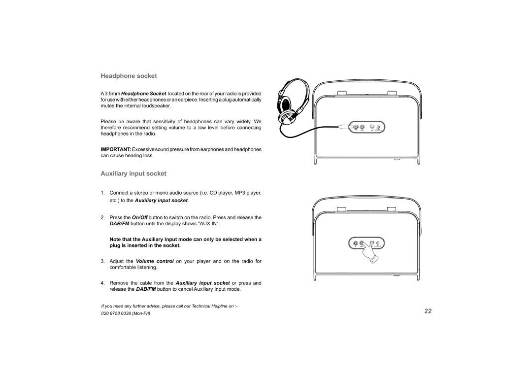 Roberts Radio exprssion manual Headphone socket, Auxiliary input socket 