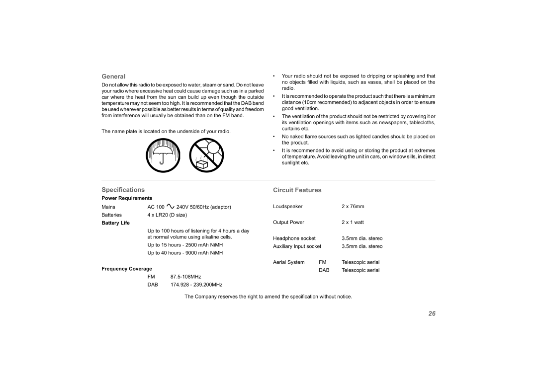 Roberts Radio exprssion manual General, Speciﬁcations, Circuit Features 