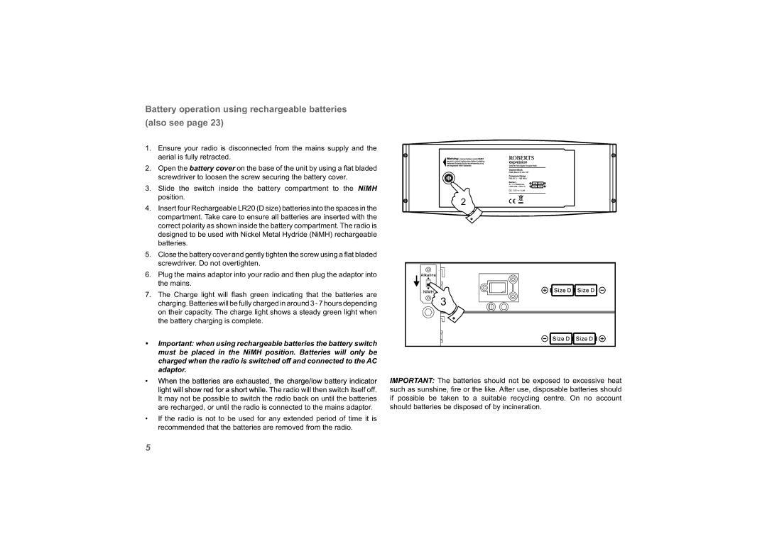 Roberts Radio exprssion manual Battery operation using rechargeable batteries Also see 