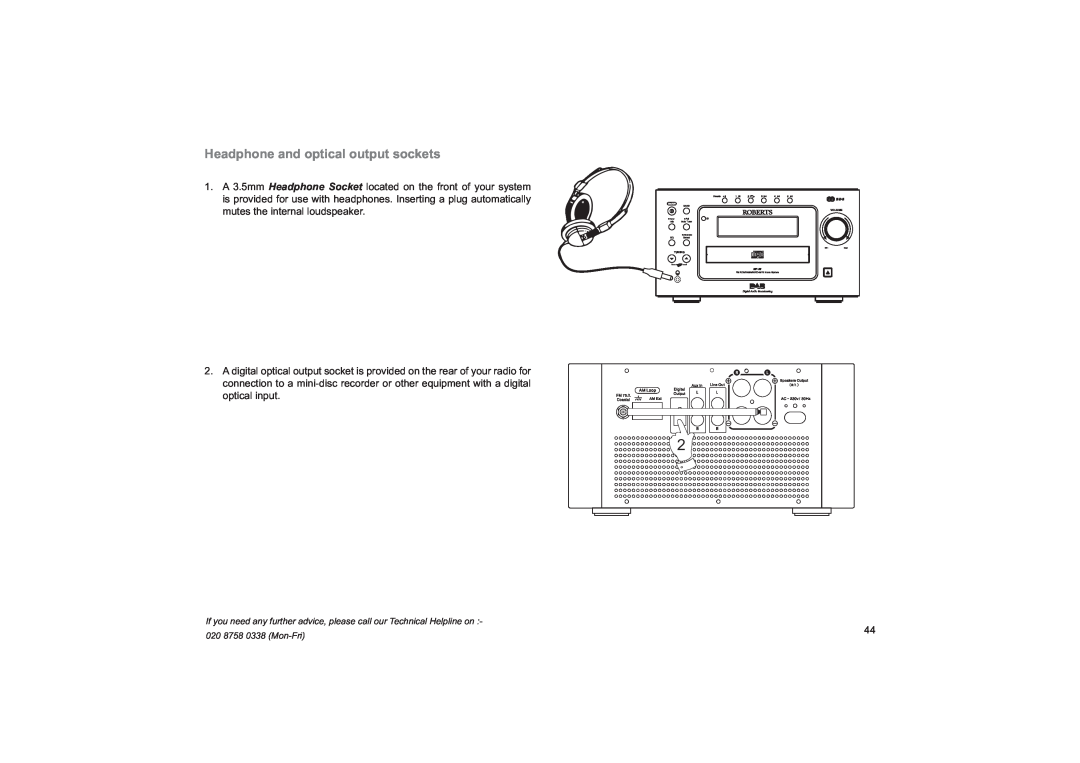 Roberts Radio MP-16CD manual Headphone and optical output sockets 