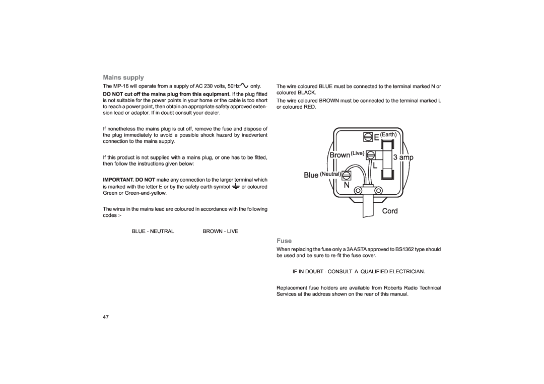 Roberts Radio MP-16CD manual Mains supply, Fuse 