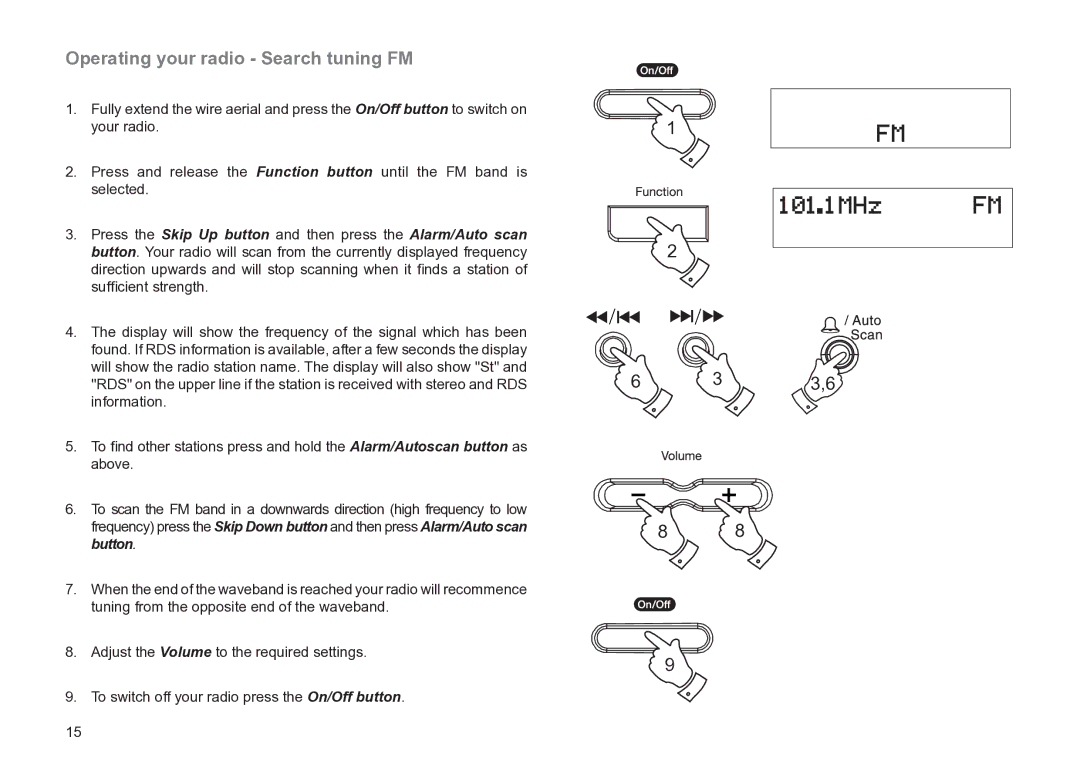 Roberts Radio MP-24 manual Operating your radio Search tuning FM 