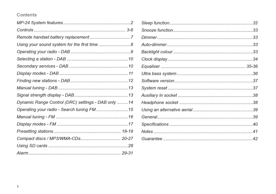 Roberts Radio MP-24 manual Contents 