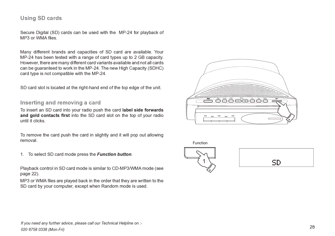 Roberts Radio MP-24 manual Using SD cards, Inserting and removing a card 