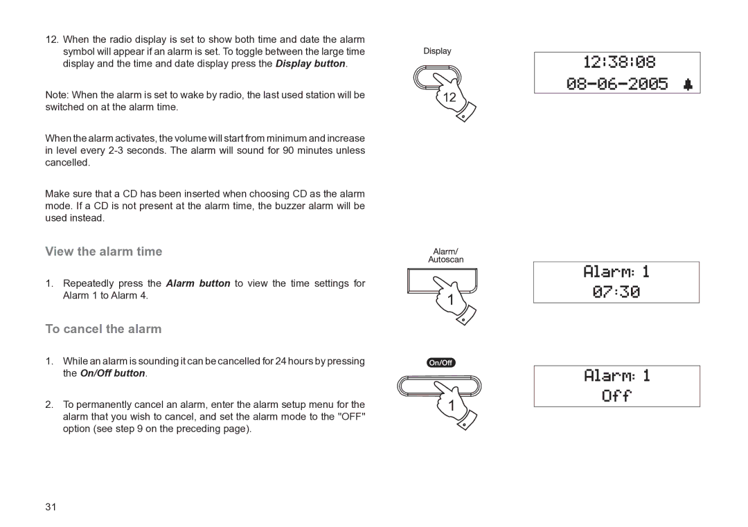 Roberts Radio MP-24 manual View the alarm time, To cancel the alarm 