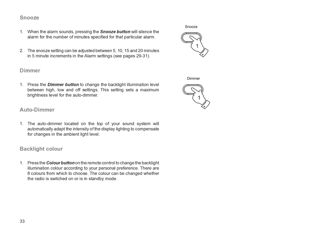 Roberts Radio MP-24 manual Snooze, Auto-Dimmer, Backlight colour 