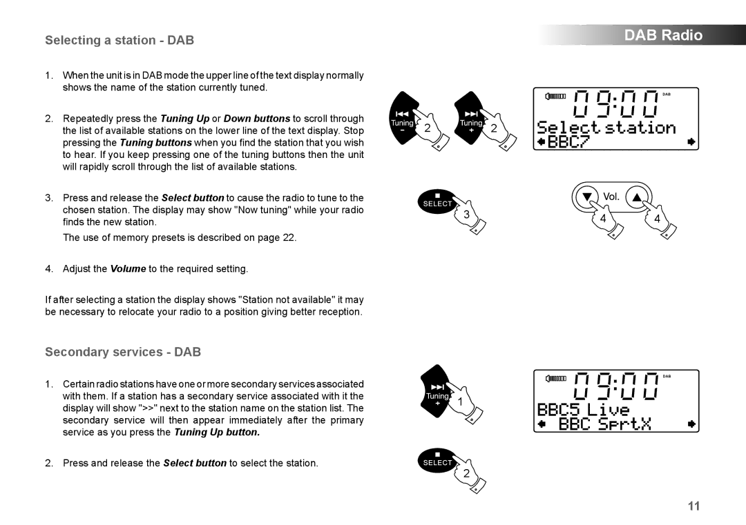 Roberts Radio MP-43 manual Selecting a station DAB, Secondary services DAB 