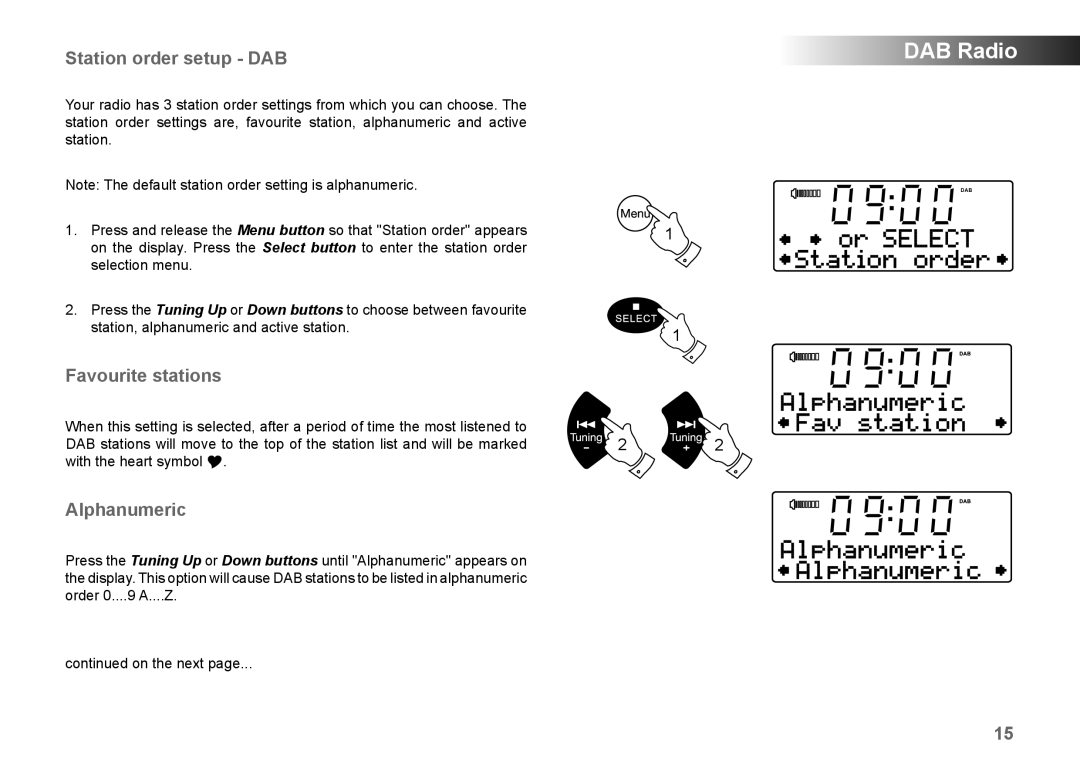 Roberts Radio MP-43 manual Station order setup DAB, Favourite stations, Alphanumeric 